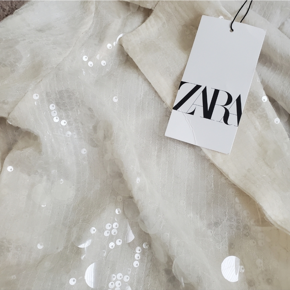 ZARA SEQUIN OPEN FRONT BLAZER Size S Cream - Picture 16 of 16